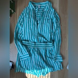 Striped Teal and White Button-Up Shirt and Shorts Set